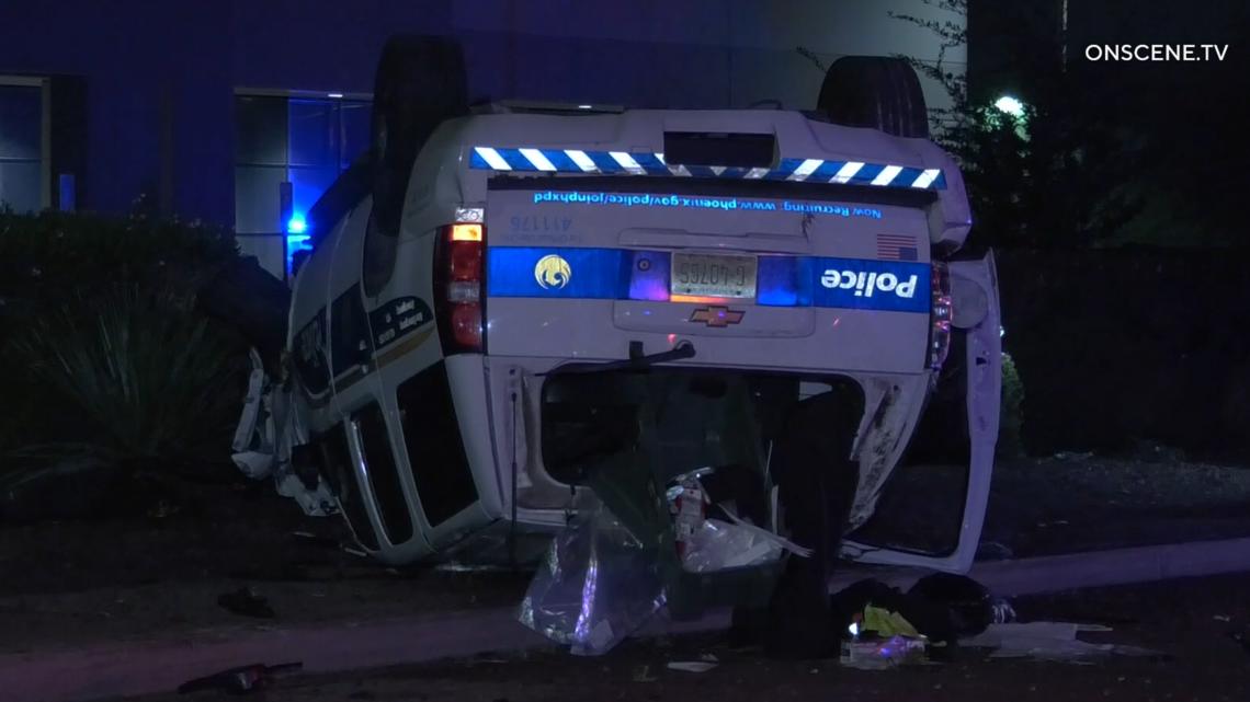 Phoenix police patrol car rolls over after hitting bus stop, pole [Video]