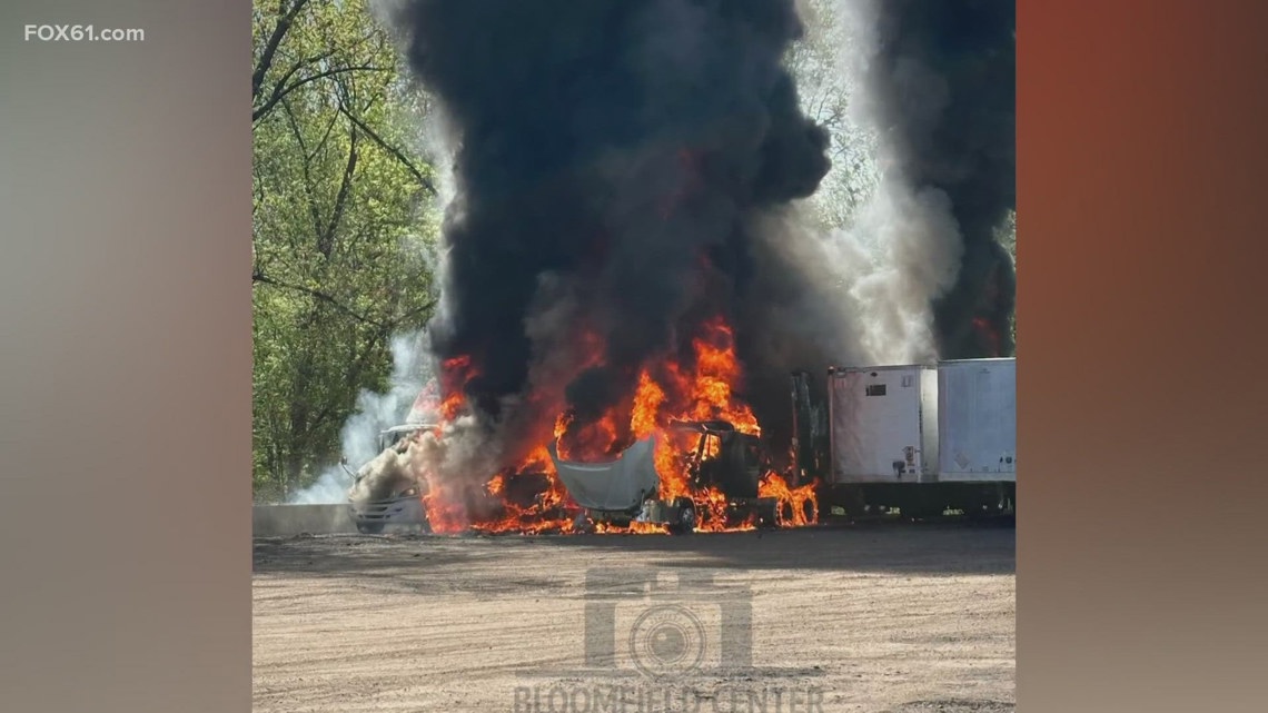 Three tractor-trailers caught fire in Bloomfield on Saturday at a trucking yard [Video]